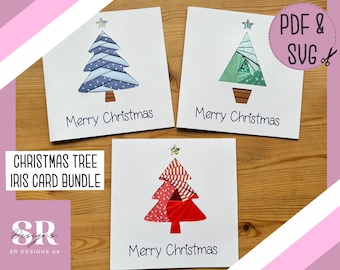 Plantilla de patrón de plegado de iris para árbol de Navidad, paquete en formato PDF y SVG. Tarjeta navideña con iris. Plegado de iris. Diseño de tarjeta navideña. Corte a mano en formato PDF