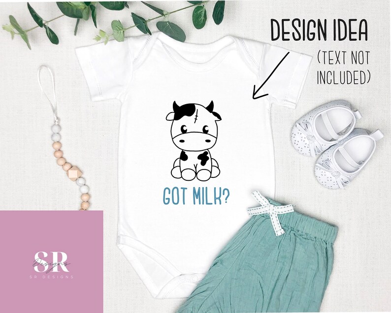 May include: White baby onesie with a black and white cartoon cow illustration and the text "Got Milk?" printed on it.