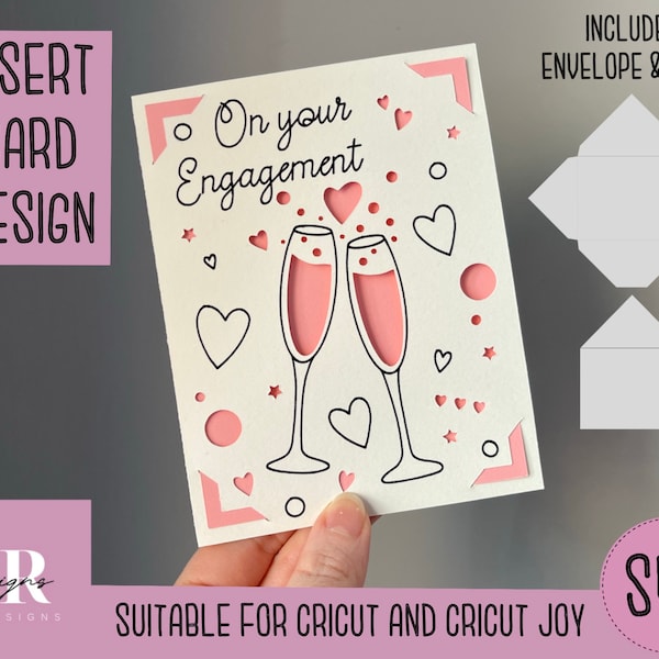 SVG: 婚約挿入カード。Cricut Joy 対応。カードのデザインを描いて切り取ります。封筒テンプレートが含まれています。Cricut Joy 婚約カード SVG