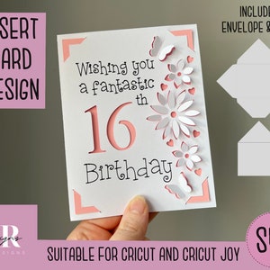 SVG: 16. Geburtstagskarte. Cricut freundlich. Gezeichnetes und geschnittenes Kartendesign. Umschlagschablone inklusive. Cricut Joy Geburtstagskarte SVG
