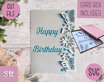 SVG: Birthday card digital download. Happy birthday. Pop up card. Pop up flowers. 3D butterfly.