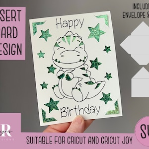 SVG: Birthday dinosaur insert card. Cricut Joy friendly. Draw and cut card design. Envelope template included. Cricut Joy Birthday card SVG