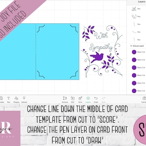 May include: A digital design template for a sympathy card. The card features a purple bird with the words "With Sympathy" in purple script. The design is on a white background with a blue card template.