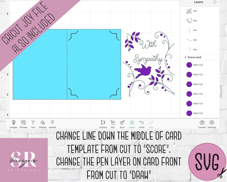 May include: A digital design template for a sympathy card. The card features a purple bird with the words "With Sympathy" in purple script. The design is on a white background with a blue card template.