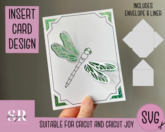 SVG: Dragonfly insert card blank. Cricut Joy friendly. Draw and cut card design. Envelope template included. Cricut Joy card blank SVG