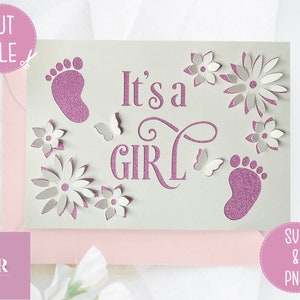 SVG: 'Es ist ein Mädchen' 3D/Pop Up Schnittdatei. Babymitteilung. Baby-Dusche-Karte. Baby Karte. Cricut Karte. Es ist eine Mädchenkarte. SVG/PNG/Jpeg/pdf