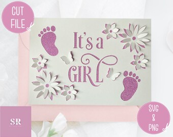 SVG: Archivo recortado emergente/3D "Es una niña". Anuncio de bebé. Tarjeta de baby shower. Tarjeta de niña. Tarjeta Cricut. Es una tarjeta de niña. SVG/PNG/Jpeg/pdf