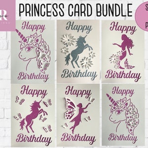 SVG: 3D Prinzessin Geburtstagskarten-Bundle. Einhorn Geburtstagskarte. Meerjungfrau. Fee. Pop up Karte svg. SVG. Kartenherstellung.