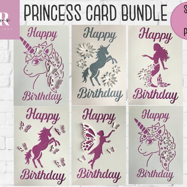 SVG: 3D Princess birthday card bundle. Unicorn birthday card. Mermaid. Fairy. Pop up card svg. SVG. Card making.