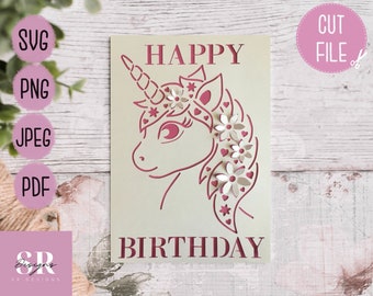 Unicorn birthday card cut file. With ‘Pop up’ flowers. SVG. Card making.