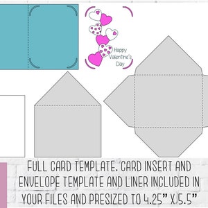 May include: A printable template for a Valentine's Day card, envelope, and liner. The card is light blue, the envelope is gray, and the liner is white. The template is pre-sized to 4.25 inches by 5.5 inches.