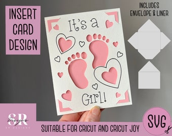 SVG: Tarjeta para niña. Compatible con Cricut Joy. Diseño de tarjeta para dibujar y cortar. Incluye plantilla de sobre. Tarjeta SVG para bebé niña para Cricut Joy
