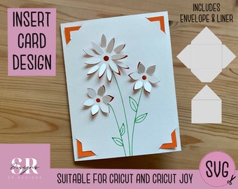 SVG: Flower insert card. Cricut Joy friendly. Draw and cut card design. Envelope template included. Cricut Joy greetings card SVG