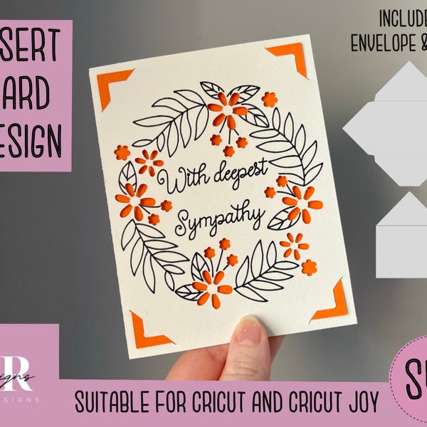 SVG: With sympathy insert card. Cricut Joy friendly. Draw and cut card design. Envelope template included. Cricut Joy sympathy card SVG