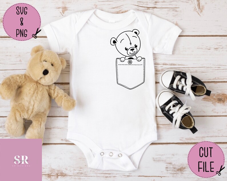 May include: White baby onesie with a black outline of a teddy bear peeking out of a pocket.