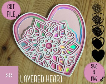 SVG: Cuore 3D/ stratificato. Cuore svg. Cuore stratificato svg. Mandala del cuore. 5 strati. File di taglio a più livelli. Scheda cardiaca svg. San Valentino svg. SVG/PNG.