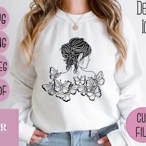 Floral woman SVG. Woman cut file. Woman sillouhette SVG. Messy bun SVG. Floral woman cut file. Vinyl cutting. T-shirt print.