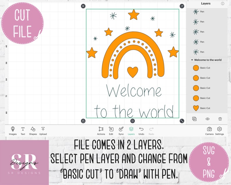 May include: A digital design file for a welcome to the world sign with a rainbow, stars, and a heart. The text "Welcome to the world" is written in a handwritten font. The design is in two layers, one for cutting and one for drawing.