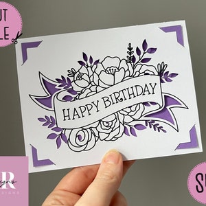 SVG: Bloemen Verjaardag insert kaart. Cricut Vreugde vriendelijk. Teken en knip kaartontwerp. Envelop sjabloon inbegrepen. Cricut Joy verjaardagskaart