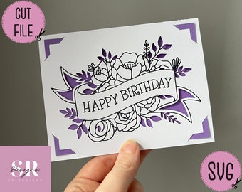 SVG: Floral Birthday insert card. Cricut Joy friendly. Draw and cut card design. Envelope template included. Cricut Joy birthday card