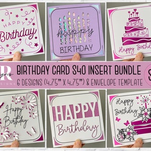 SVG: Pacote de cartões de aniversário. Cartão de inserção Cricut S40. Cartão de aniversário svg. Cartão de aniversário quadrado. Modelo de cartão de aniversário e envelope.