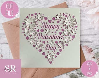 SVG: 3D / tarjeta 'pop-up' del Día de San Valentín. Feliz día de San Valentín. Tarjeta emergente. Pop up flores. Mariposa 3D. SVG/PNG