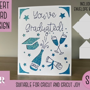 SVG: Tarjeta de inserción de graduación. Compatible con Cricut Joy. Dibujar y cortar el diseño de la tarjeta. Plantilla de sobre incluida. Tarjeta de graduación Cricut Joy SVG