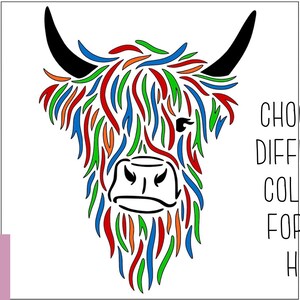 Puede incluir: Una ilustraci&oacute;n de l&iacute;nea de arte colorida de una cabeza de vaca de las tierras altas con el texto "Elige 4 colores diferentes para el pelo".