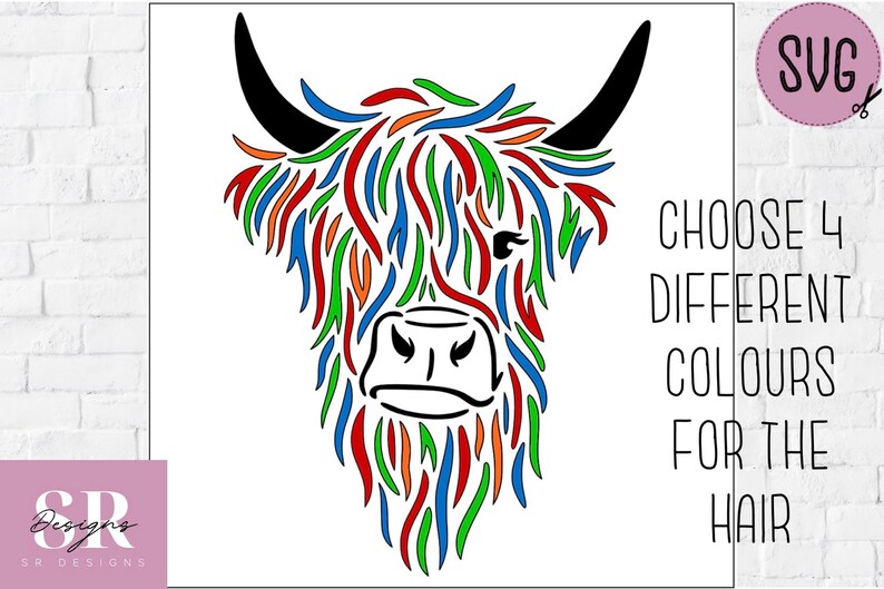 Puede incluir: Una ilustraci&oacute;n de l&iacute;nea de arte colorida de una cabeza de vaca de las tierras altas con el texto "Elige 4 colores diferentes para el pelo".
