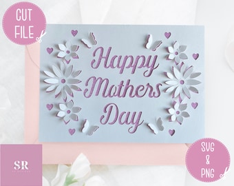 SVG: Tarjeta 3D / 'pop-up' del Día de la Madre. Feliz Día de la Madre. 3D Día de la Madre svg.  Tarjeta emergente. Pop up flores. Mariposa 3D. SVG/PNG
