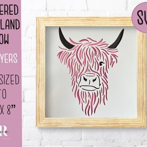SVG: gelaagde Highland koe. Highland cow-kaart gesneden bestand. Highland koe schaduwbox. Hoogland koe svg. 3d Hooglandkoe.