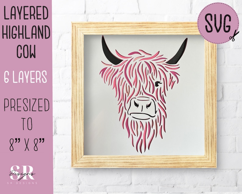 Puede incluir: Un dise&ntilde;o de artesan&iacute;a en papel en capas de una cabeza de vaca Highland, predimensionado a 20,3 cm por 20,3 cm. El dise&ntilde;o est&aacute; formado por 6 capas y est&aacute; disponible como archivo SVG.