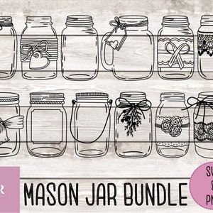 May include: A collection of mason jar designs in black and white, featuring various decorative elements such as bows, lace, and tags. The text "MASON JAR BUNDLE" is displayed below the jars, with "SVG & PNG" in a circle.
