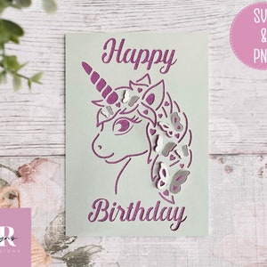 Einhorn Geburtstagskarte Plotterdatei. Mit 'Pop up' Schmetterlingen. SVG. Kartenherstellung.