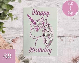 Unicorn birthday card cut file. With ‘Pop up’ butterfly’s. SVG. Card making.