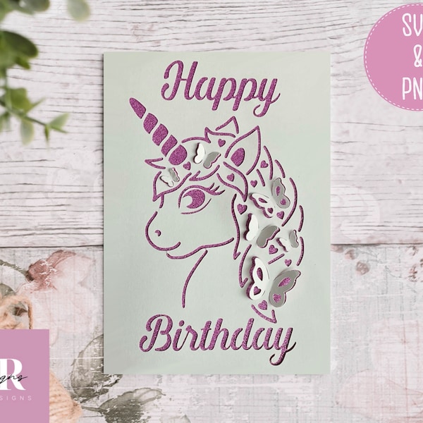 Unicorn birthday card cut file. With ‘Pop up’ butterfly’s. SVG. Card making.