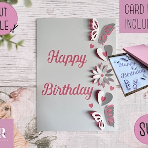 SVG: Birthday card digital download. Happy birthday. Pop up card. Pop up flowers. 3D butterfly.