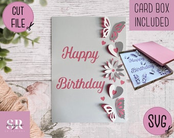 SVG: Birthday card digital download. Happy birthday. Pop up card. Pop up flowers. 3D butterfly.