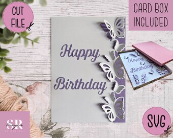 SVG: Birthday card digital download. Happy birthday. Pop up card. Pop up flowers. 3D butterfly.