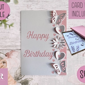SVG: Birthday card digital download. Happy birthday. Pop up card. Pop up flowers. 3D butterfly.