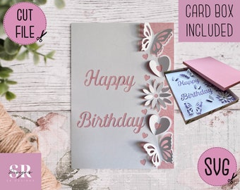 SVG: Birthday card digital download. Happy birthday. Pop up card. Pop up flowers. 3D butterfly.
