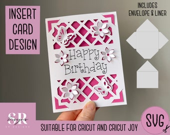 SVG: Birthday insert card. Cricut friendly. Draw and cut card design. Envelope template included. Cricut Joy floral Birthday card SVG