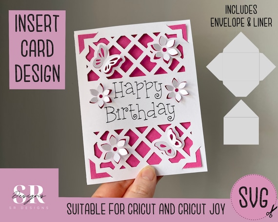 SVG: Birthday insert card. Cricut friendly. Draw and cut card design. Envelope template included. Cricut Joy floral Birthday card SVG