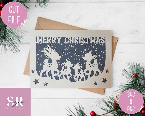 SVG: Christmas card. Christmas card svg. Merry Christmas svg. Reindeer svg.Cricut card svg. Desire Christmas font. Christmas scene card svg.