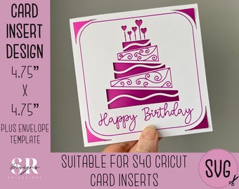 May include: A pink and white card insert design featuring a layered cake with pink frosting and swirls. The text "Happy Birthday" is written below the cake. The card insert is 4.75 inches by 4.75 inches and is suitable for a Cricut machine.