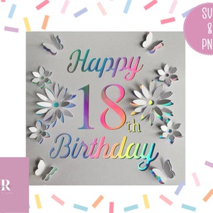 May include: A digital cut file for a Happy 18th Birthday card with a rainbow iridescent design. The design features flowers, butterflies, and the text "Happy 18th Birthday".