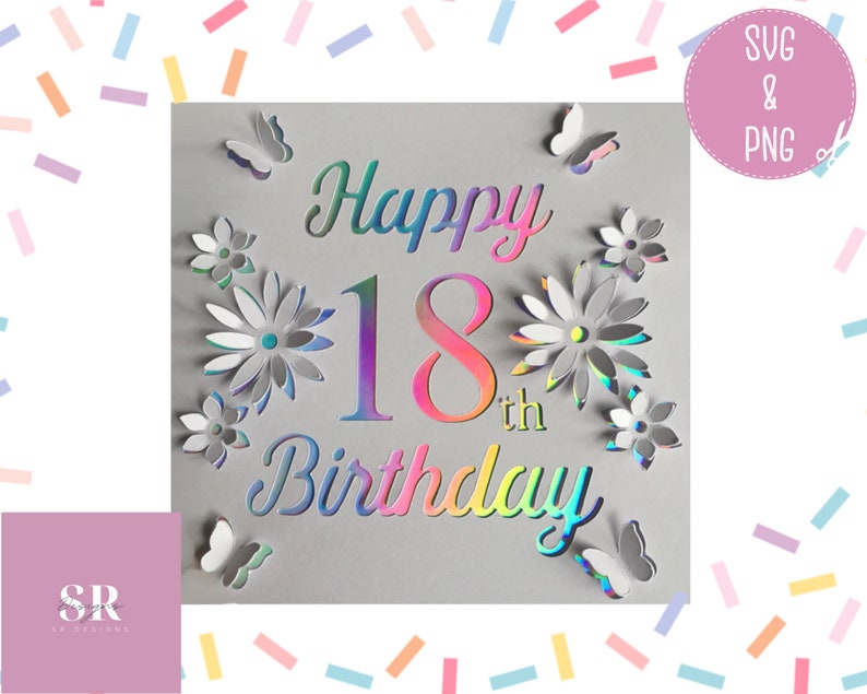 May include: A digital cut file for a Happy 18th Birthday card with a rainbow iridescent design. The design features flowers, butterflies, and the text "Happy 18th Birthday".