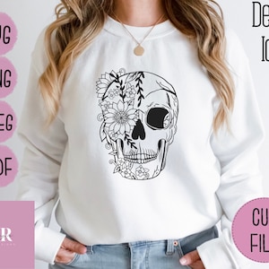 Digital. Floral skull cut file. Skull clipart. Sunflower skull svg. Vinyl cutting. Gothic skull svg. Floral skull svg.