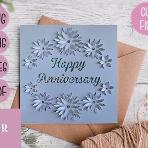 SVG: Descarga digital de tarjeta de aniversario 3D/'pop up'. Feliz aniversario. Tarjeta emergente. Flores emergentes. Elaboración de tarjetas. SVG/PNG/Jpeg/Pdf