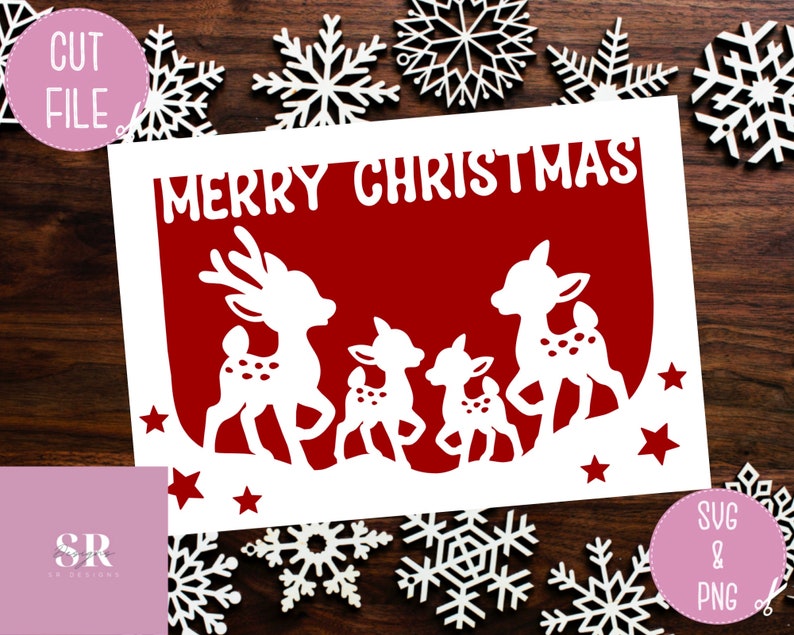 May include: A red card with the text "Merry Christmas" in white. The card has a white silhouette of a family of four reindeer with white stars around them.